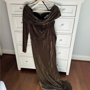 Mac Duggal Brown Velvet Off-Shoulder Long Sleeve Gown